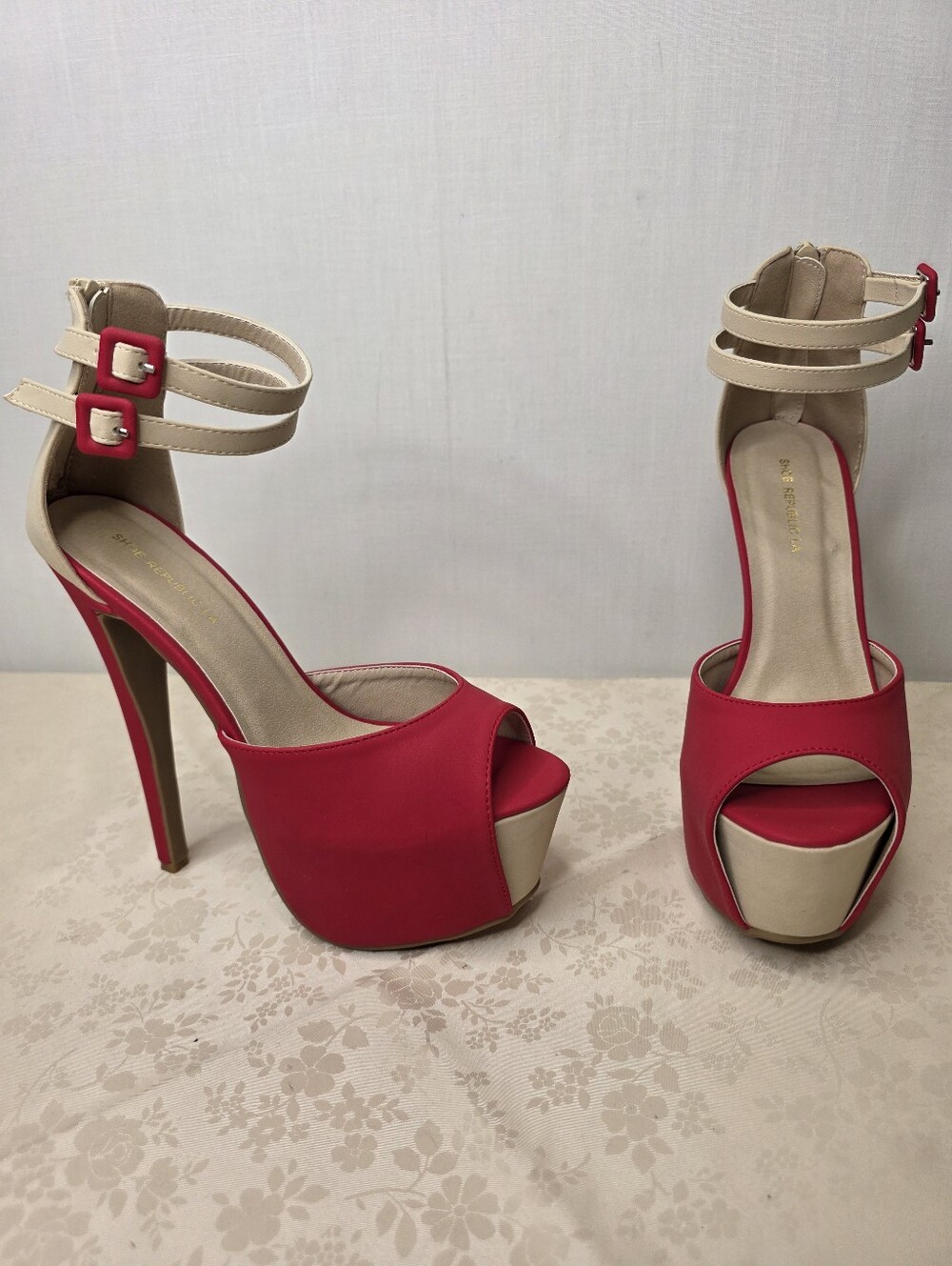 Shoe Republic LA Red & Beige Colorblock Platform Stiletto Heels Sz 7.5 NEW